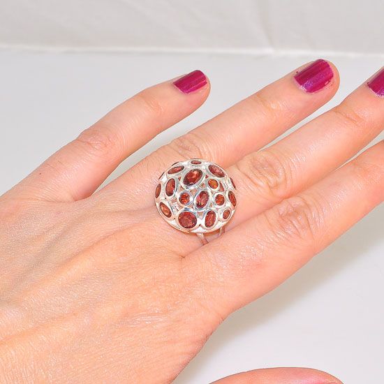Sterling Silver Faceted Garnet Jeweled Bubble Medallion Ring