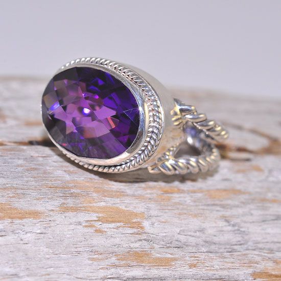 Sterling Silver Amethyst Oval Faceted Gemstone and Braided Band Ring (Size 5.5)