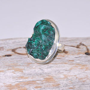 Sterling Silver Rough Malachite Crystal Oval Ring