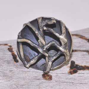Oxidized Sterling Silver Bowl Waffle Medallion Ring