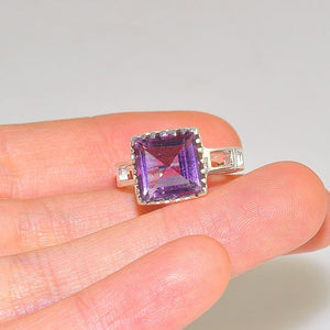 Square Amethyst Sterling Silver Ring – Delicate Bohemian Ring, Size 8, Gift Box Included
