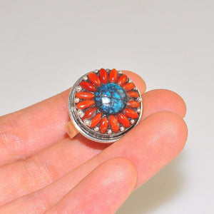 Sterling Silver Tibetan Coral and Turquoise Flower Ring