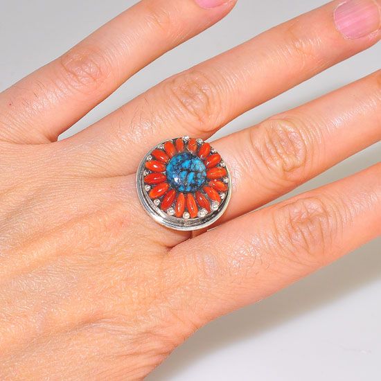Sterling Silver Tibetan Coral and Turquoise Flower Ring