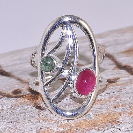 Sterling Silver Oval Design Pink and Green Tourmaline Ring