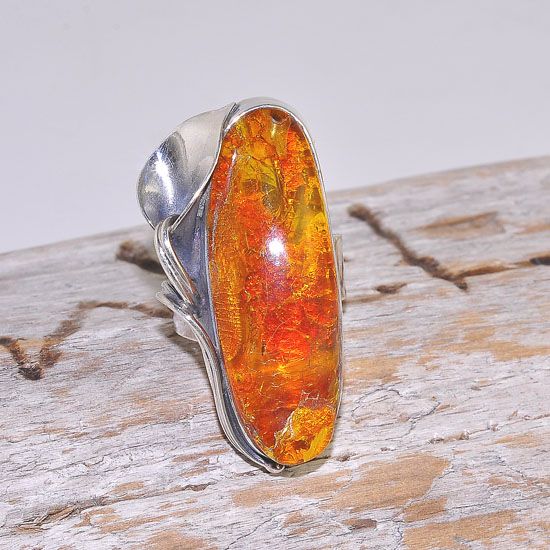 Sterling Silver Baltic Honey Amber Long Oval Ring (Adjustable from 8.5 to 10.5)
