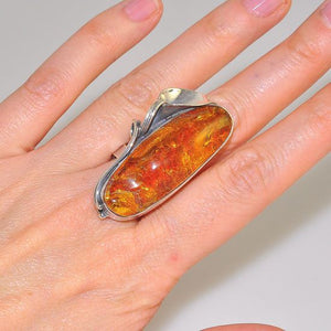 Sterling Silver Baltic Honey Amber Long Oval Ring (Adjustable from 8.5 to 10.5)