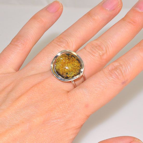 Sterling Silver Baltic Green Amber Button Ring