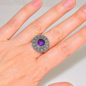 Sterling Silver Amethyst Gemstone Medallion Ring