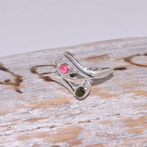 Sterling Silver India Pink and Green Tourmaline Design Ring