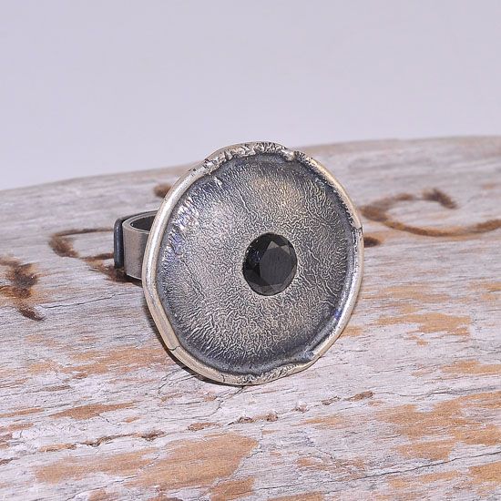 Oxidized Sterling Silver Garnet Bead Centered Medallion Ring