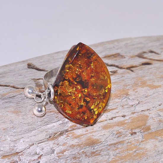 Sterling Silver Baltic Honey Amber Dangling Chain Ring